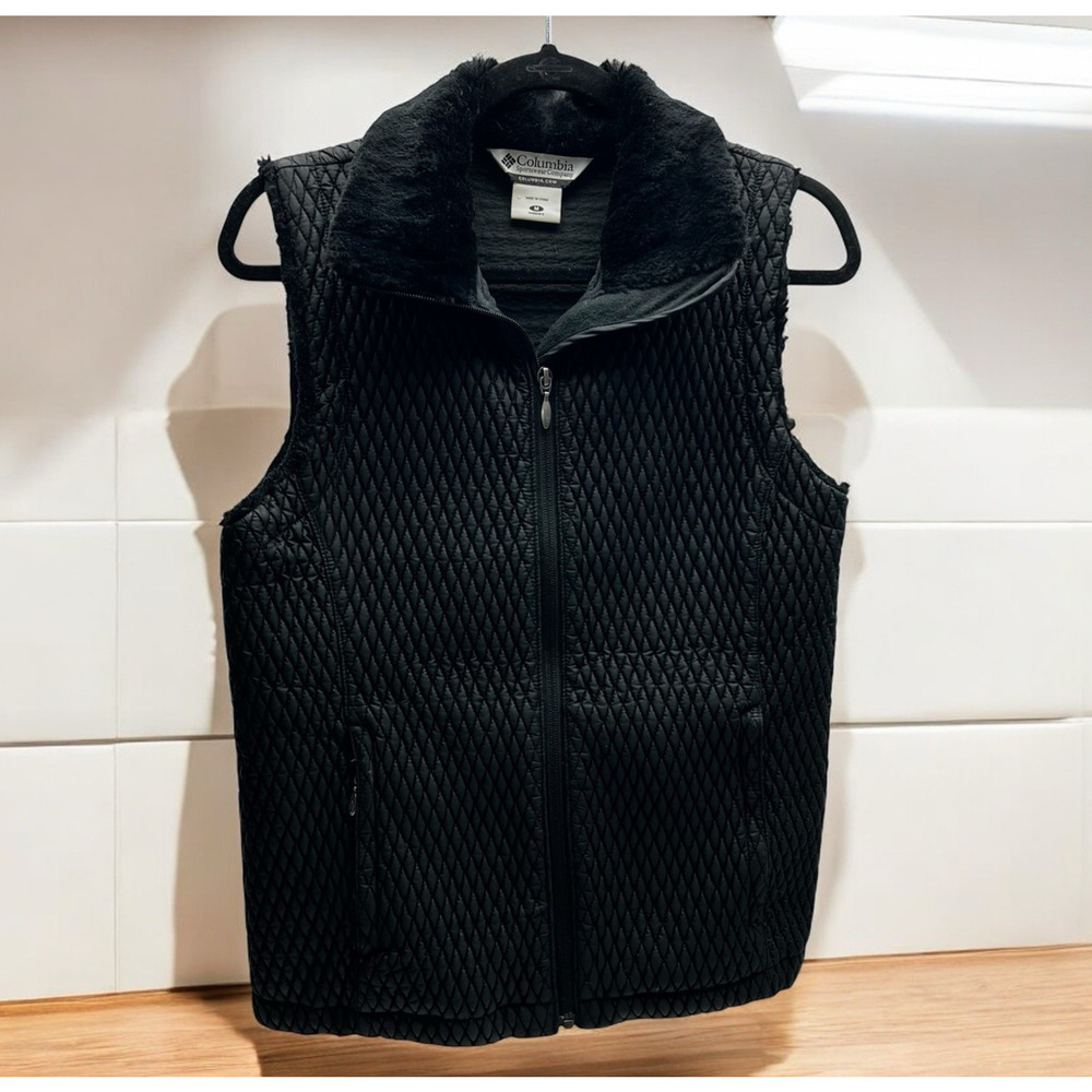 Columbia Women's Vest Black Faux Fur Collar Micro Quilted Full Zip Size Medium - Picture 1 of 11